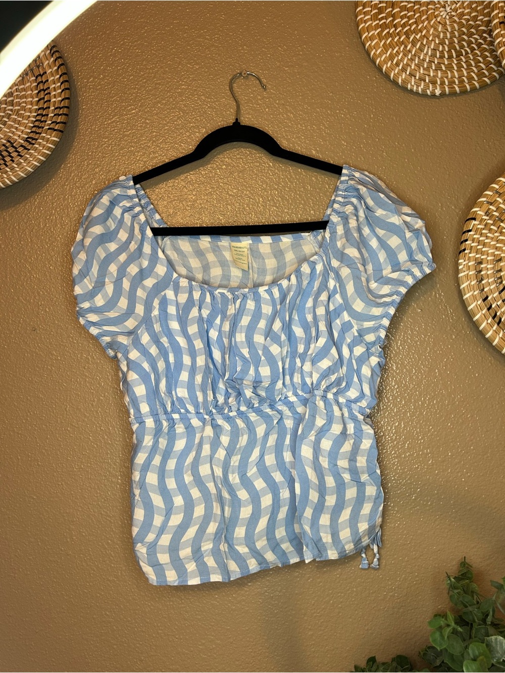 Girls' Light Blue and White Gingham Peasant Top